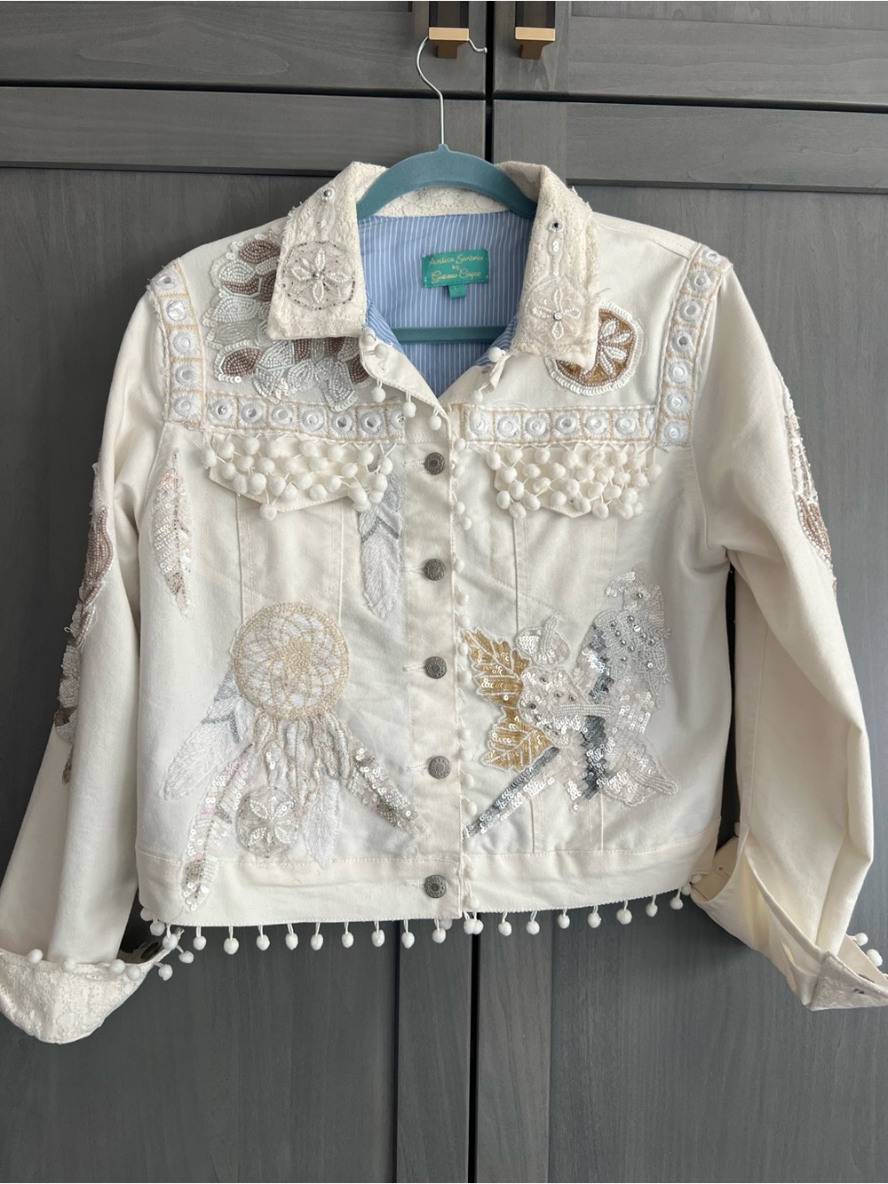 Antica Santoria Embellished White  Denim Jacket with Pom Pom Details - Picture 15 of 15